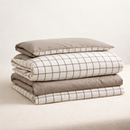 Nori Cotton Set | Japanese Style Washed Cotton Duvet Cover, Button Closure Bedding Set - Light Gray and White Grid