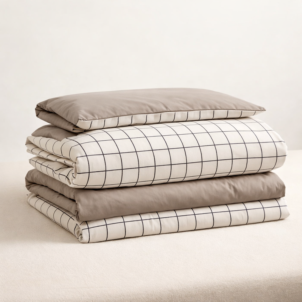Nori Cotton Set | Japanese Style Washed Cotton Duvet Cover, Button Closure Bedding Set - Light Gray and White Grid