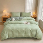Nori Cotton Set | Japanese Style Washed Cotton Duvet Cover, Button Closure Bedding Set - Light Green Grid