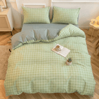 Nori Cotton Set | Japanese Style Washed Cotton Duvet Cover, Button Closure Bedding Set - Light Green Grid