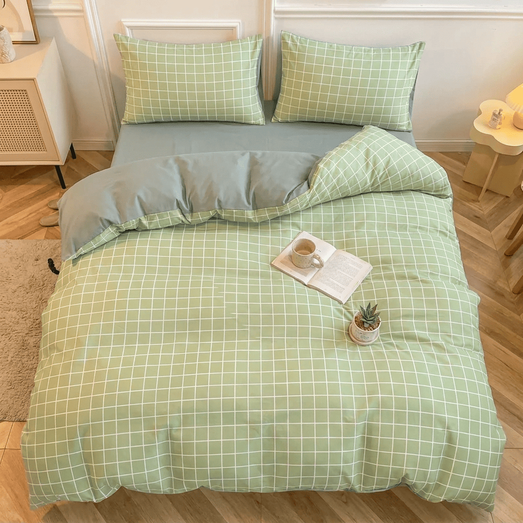 Nori Cotton Set | Japanese Style Washed Cotton Duvet Cover, Button Closure Bedding Set - Light Green Grid