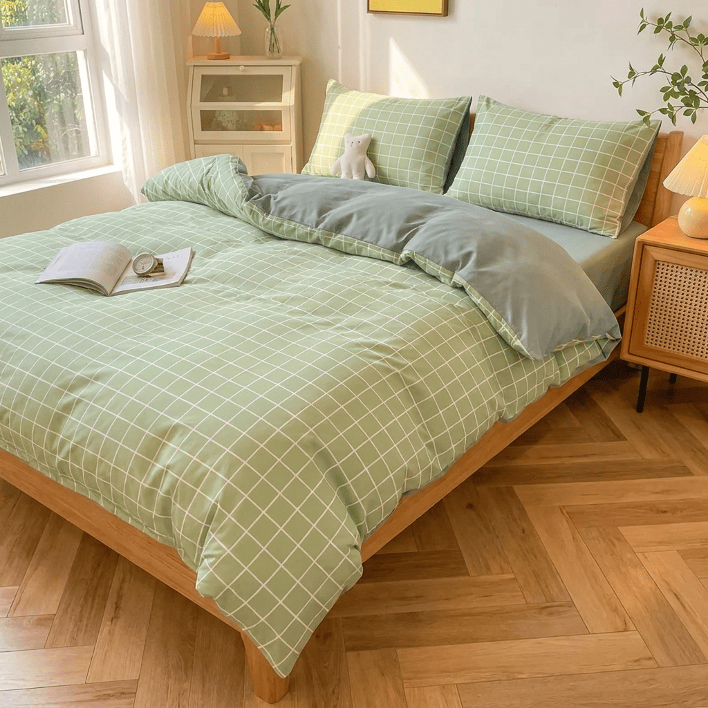 Nori Cotton Set | Japanese Style Washed Cotton Duvet Cover, Button Closure Bedding Set - Light Green Grid