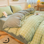 Nori Cotton Set | Japanese Style Washed Cotton Duvet Cover, Button Closure Bedding Set - Light Green Grid