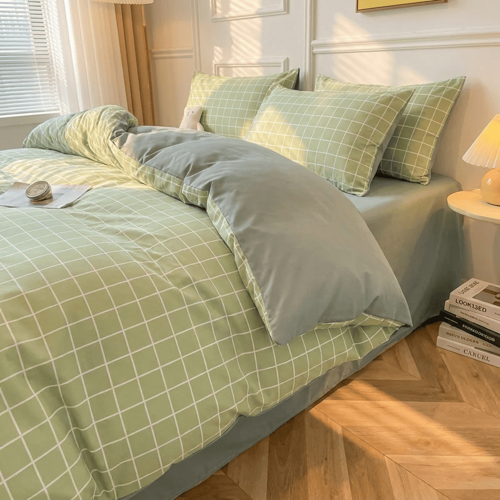 Nori Cotton Set | Japanese Style Washed Cotton Duvet Cover, Button Closure Bedding Set - Light Green Grid