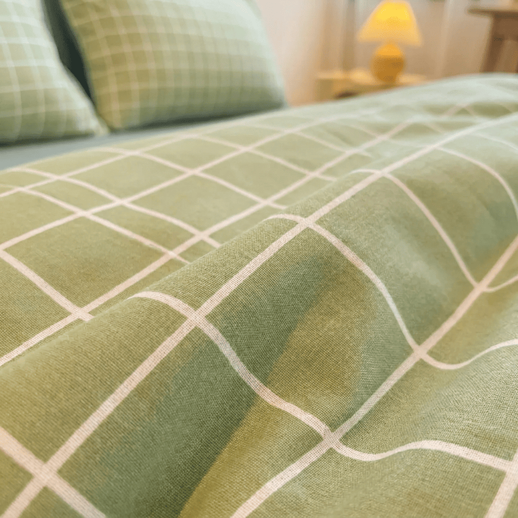 Nori Cotton Set | Japanese Style Washed Cotton Duvet Cover, Button Closure Bedding Set - Light Green Grid