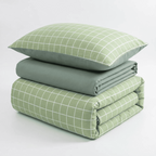 Nori Cotton Set | Japanese Style Washed Cotton Duvet Cover, Button Closure Bedding Set - Light Green Grid