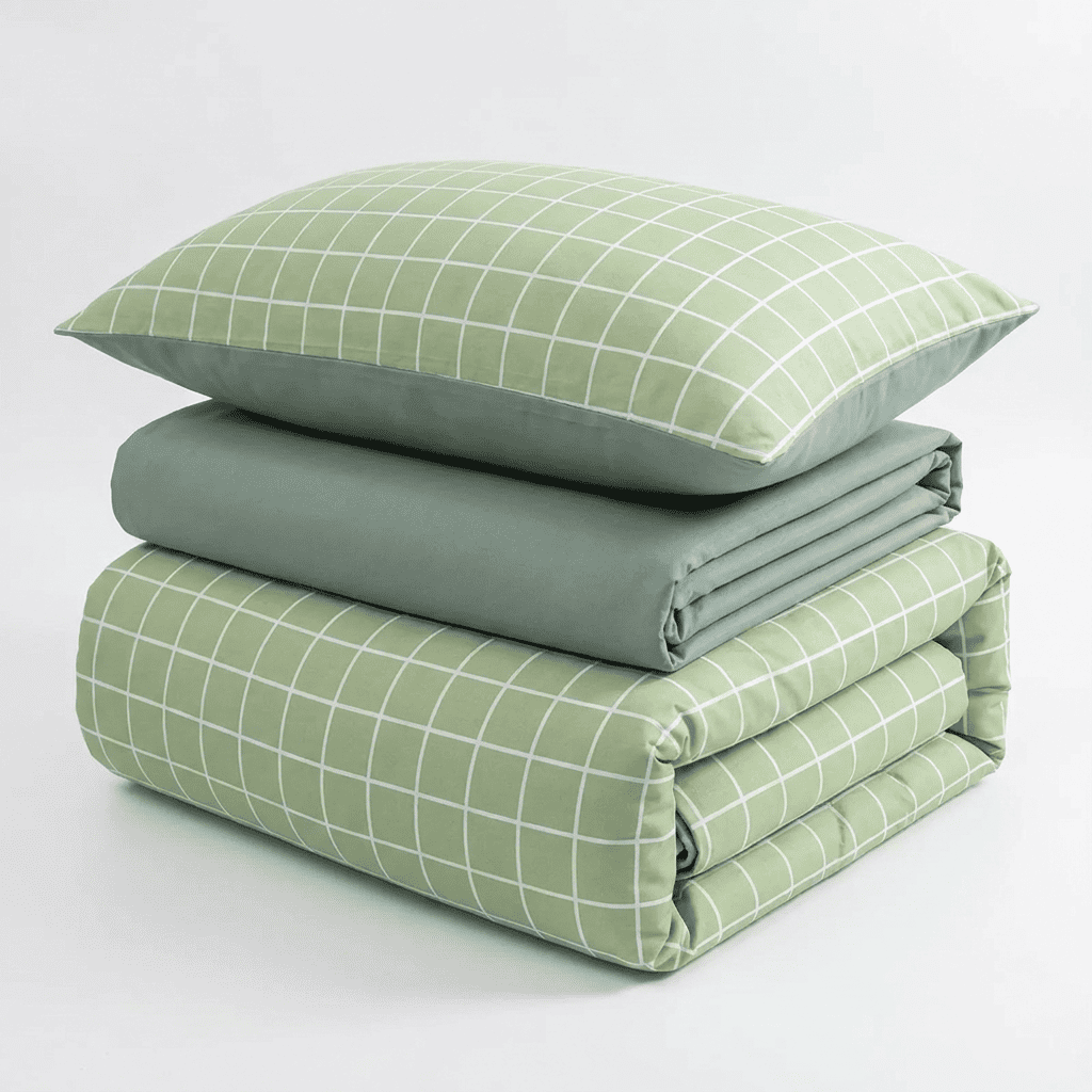 Nori Cotton Set | Japanese Style Washed Cotton Duvet Cover, Button Closure Bedding Set - Light Green Grid