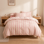Soleil Stripe Set | Washed Cotton Duvet Cover - Soft Breathable Wide Stripe Bedding Set - Blush Pink and White Stripes