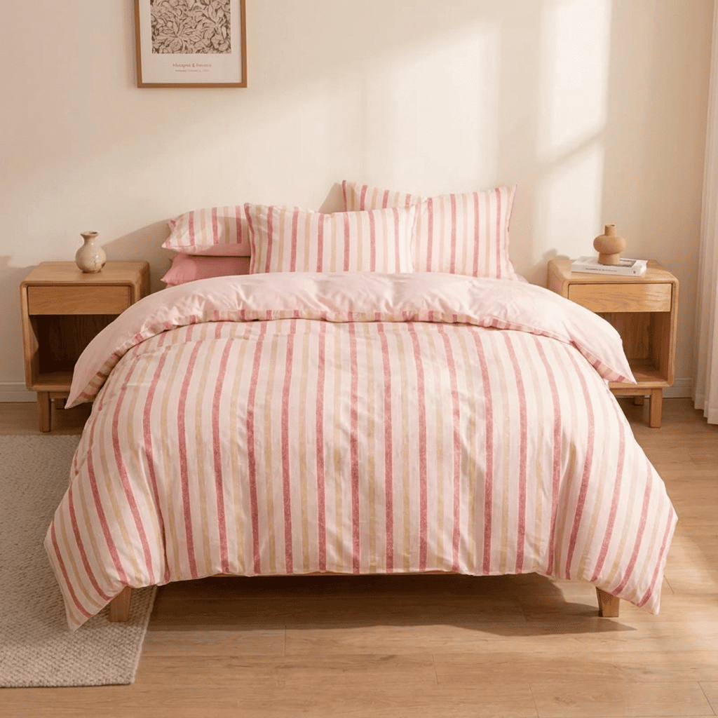 Soleil Stripe Set | Washed Cotton Duvet Cover - Soft Breathable Wide Stripe Bedding Set - Blush Pink and White Stripes
