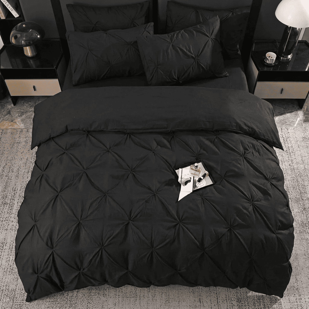 Ruelle Ruffle Set | Korean Style Ruffled Duvet Cover - Brushed Microfiber Bedding Set - Black Color