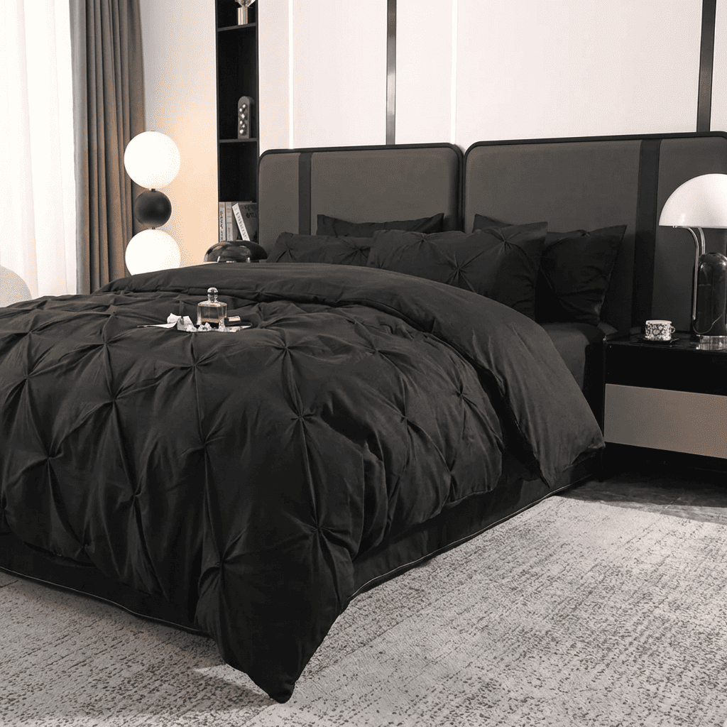 Ruelle Ruffle Set | Korean Style Ruffled Duvet Cover - Brushed Microfiber Bedding Set - Black Color