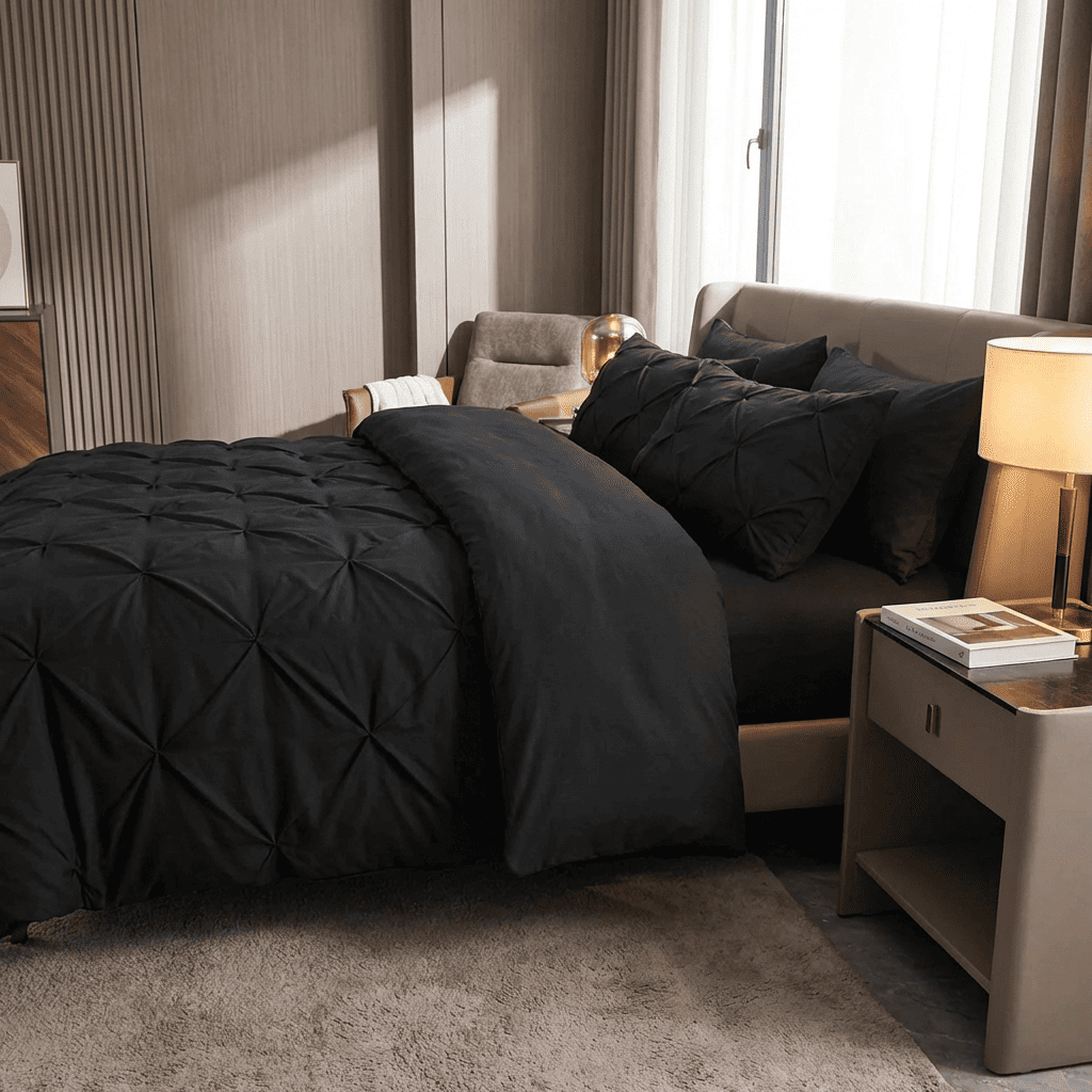 Ruelle Ruffle Set | Korean Style Ruffled Duvet Cover - Brushed Microfiber Bedding Set - Black Color