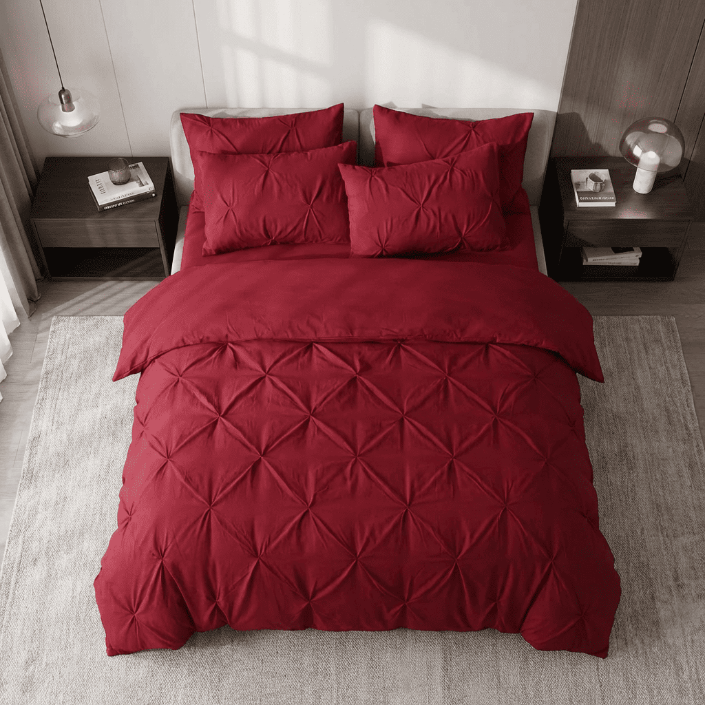 Ruelle Ruffle Set | Korean Style Ruffled Duvet Cover - Brushed Microfiber Bedding Set - Burgundy Color