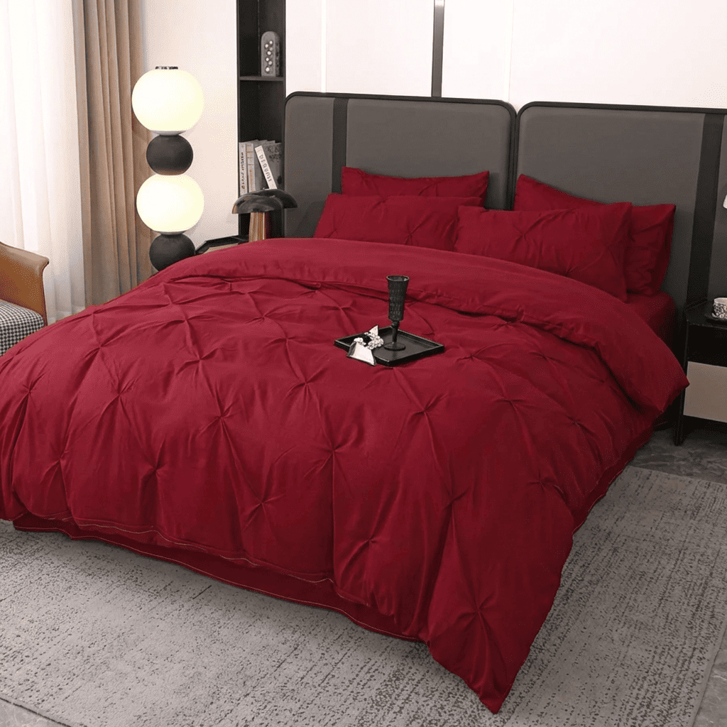Ruelle Ruffle Set | Korean Style Ruffled Duvet Cover - Brushed Microfiber Bedding Set - Burgundy Color