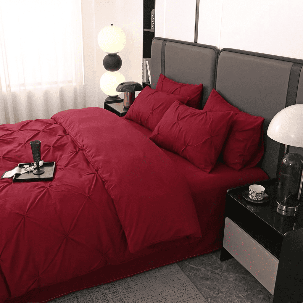 Ruelle Ruffle Set | Korean Style Ruffled Duvet Cover - Brushed Microfiber Bedding Set - Burgundy Color