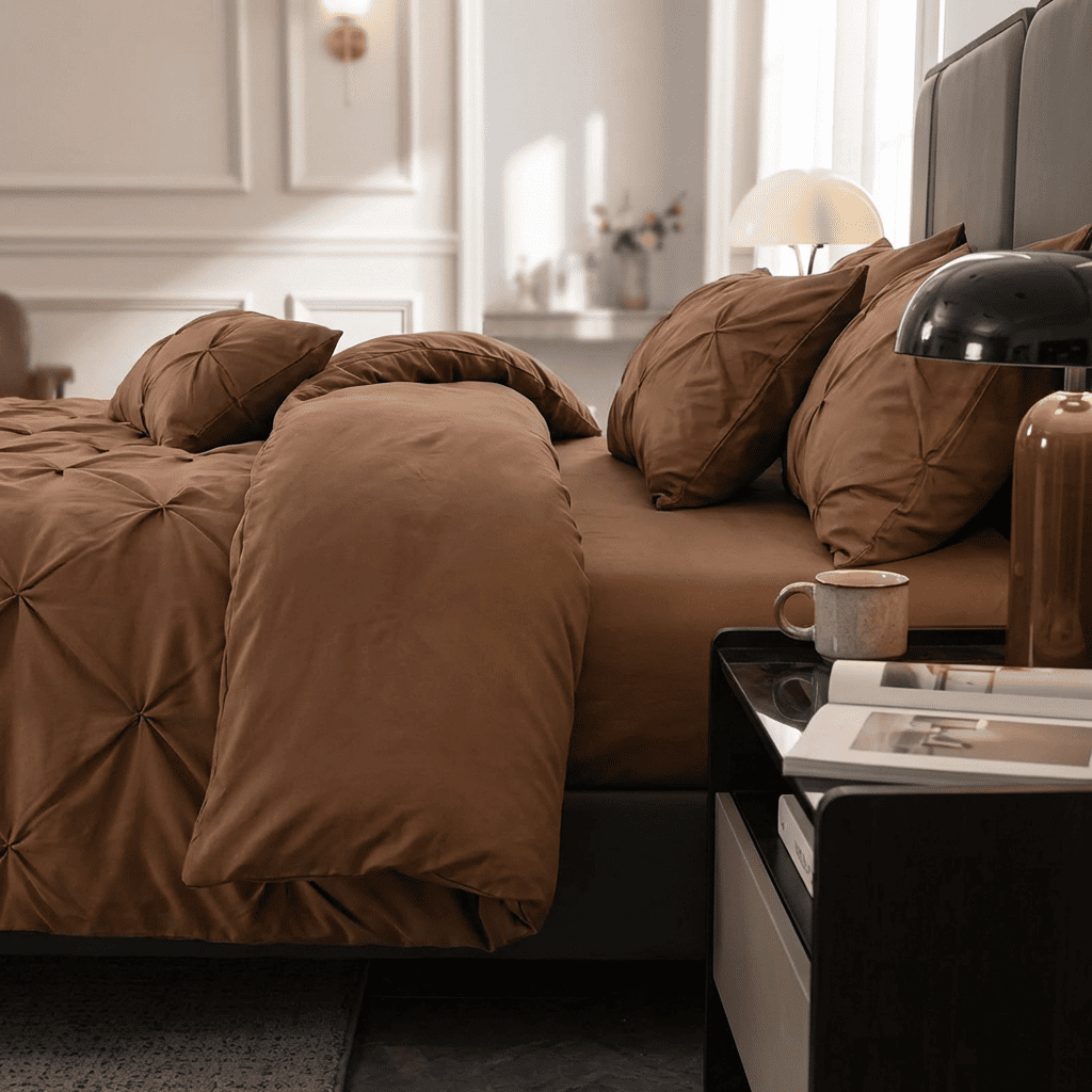 Ruelle Ruffle Set | Korean Style Ruffled Duvet Cover - Brushed Microfiber Bedding Set - Coffee Color
