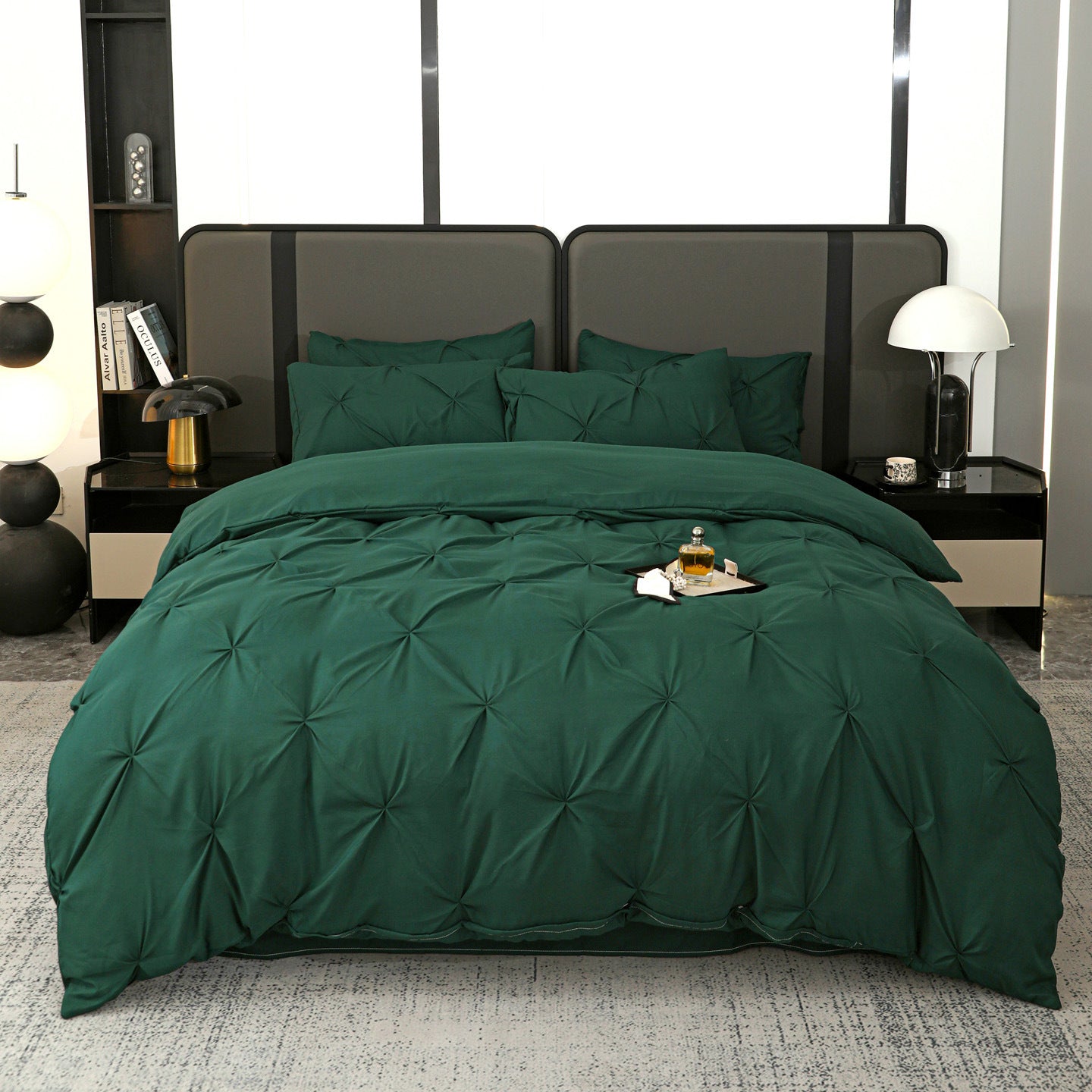Ruelle Ruffle Set | Korean Style Ruffled Duvet Cover - Brushed Microfiber Bedding Set - Dark Green Color