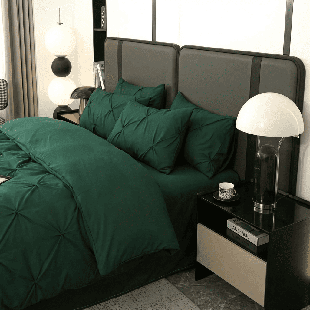 Ruelle Ruffle Set | Korean Style Ruffled Duvet Cover - Brushed Microfiber Bedding Set - Dark Green Color
