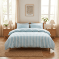 Soleil Stripe Set | Washed Cotton Duvet Cover - Soft Breathable Wide Stripe Bedding Set - Aqua Blue and White Stripes