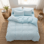 Soleil Stripe Set | Washed Cotton Duvet Cover - Soft Breathable Wide Stripe Bedding Set - Aqua Blue and White Stripes