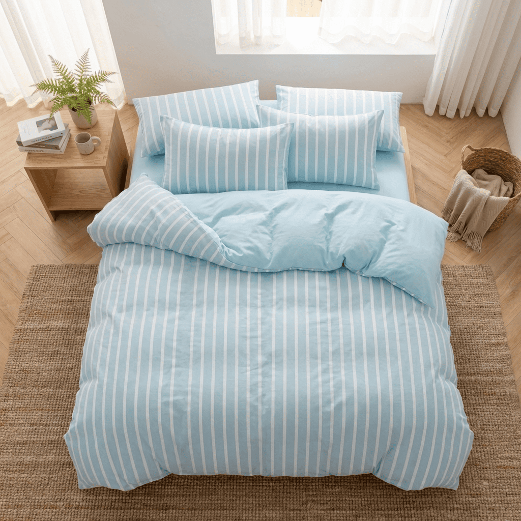 Soleil Stripe Set | Washed Cotton Duvet Cover - Soft Breathable Wide Stripe Bedding Set - Aqua Blue and White Stripes