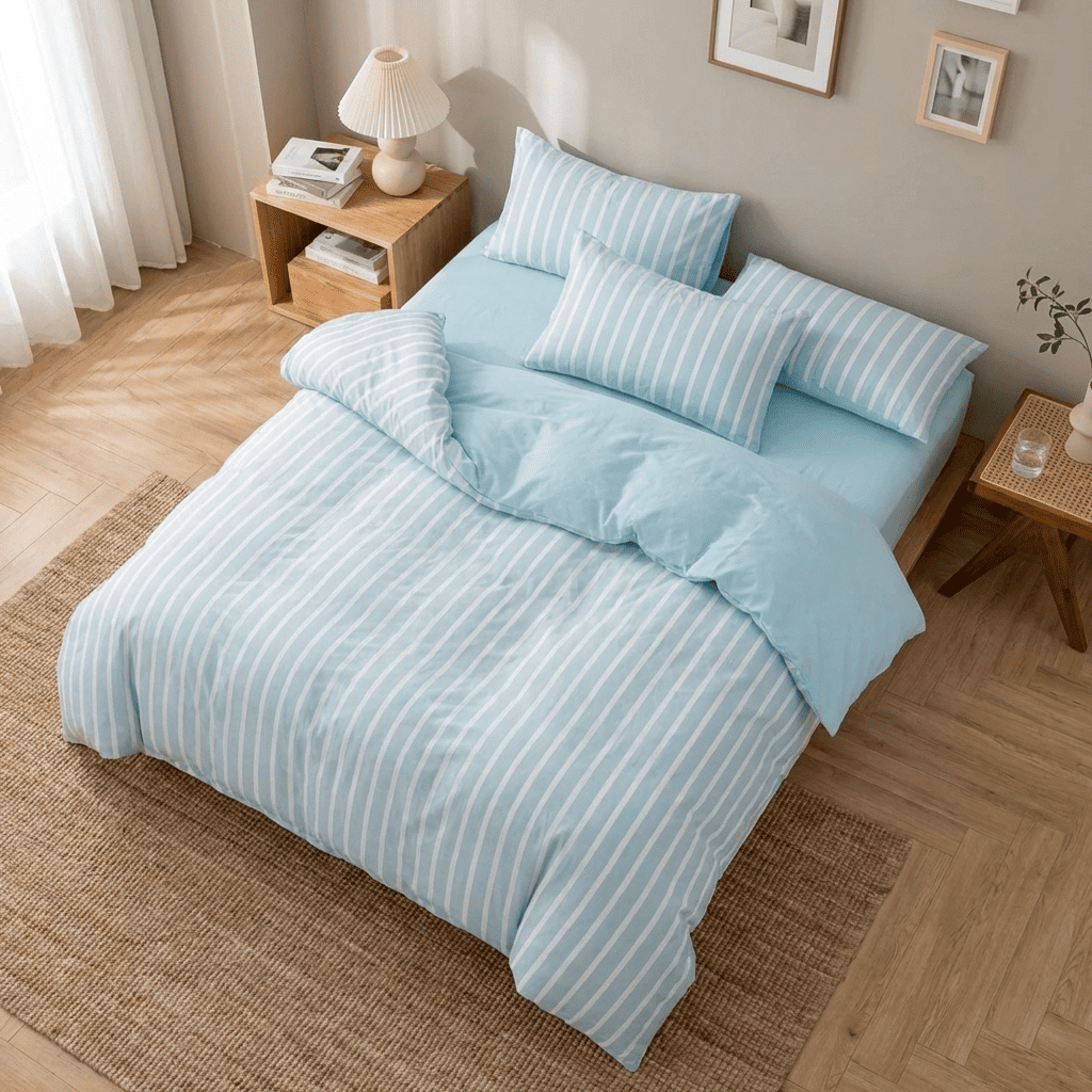 Soleil Stripe Set | Washed Cotton Duvet Cover - Soft Breathable Wide Stripe Bedding Set - Aqua Blue and White Stripes