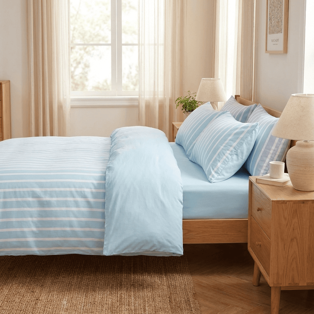 Soleil Stripe Set | Washed Cotton Duvet Cover - Soft Breathable Wide Stripe Bedding Set - Aqua Blue and White Stripes