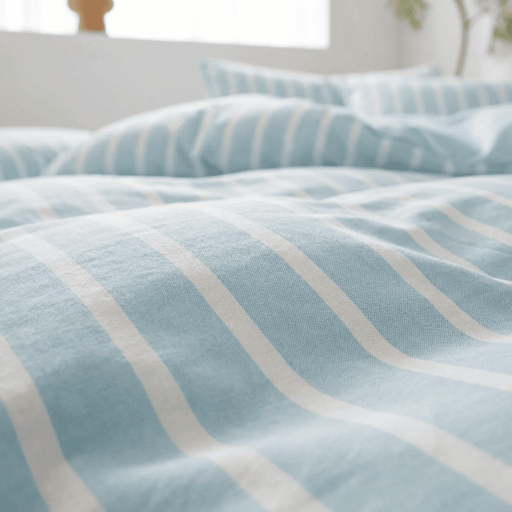 Soleil Stripe Set | Washed Cotton Duvet Cover - Soft Breathable Wide Stripe Bedding Set - Aqua Blue and White Stripes