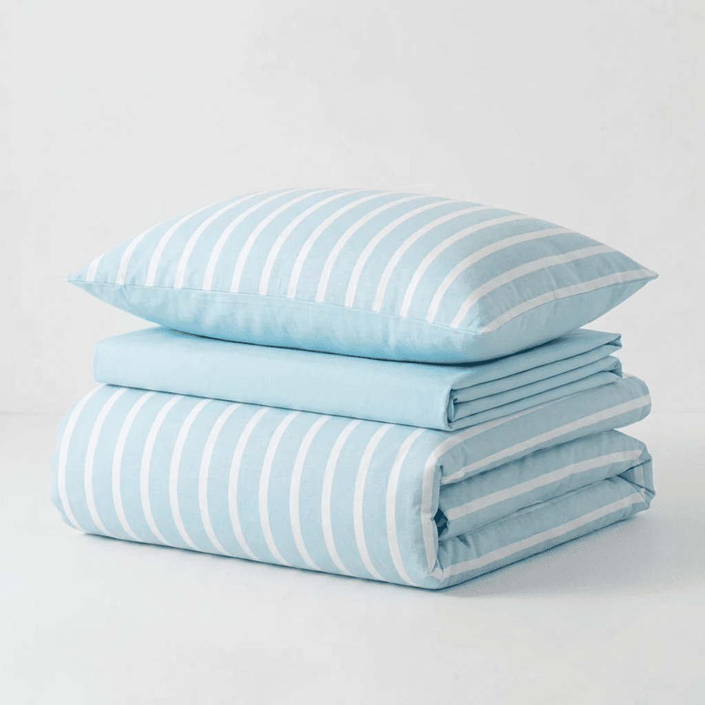 Soleil Stripe Set | Washed Cotton Duvet Cover - Soft Breathable Wide Stripe Bedding Set - Aqua Blue and White Stripes