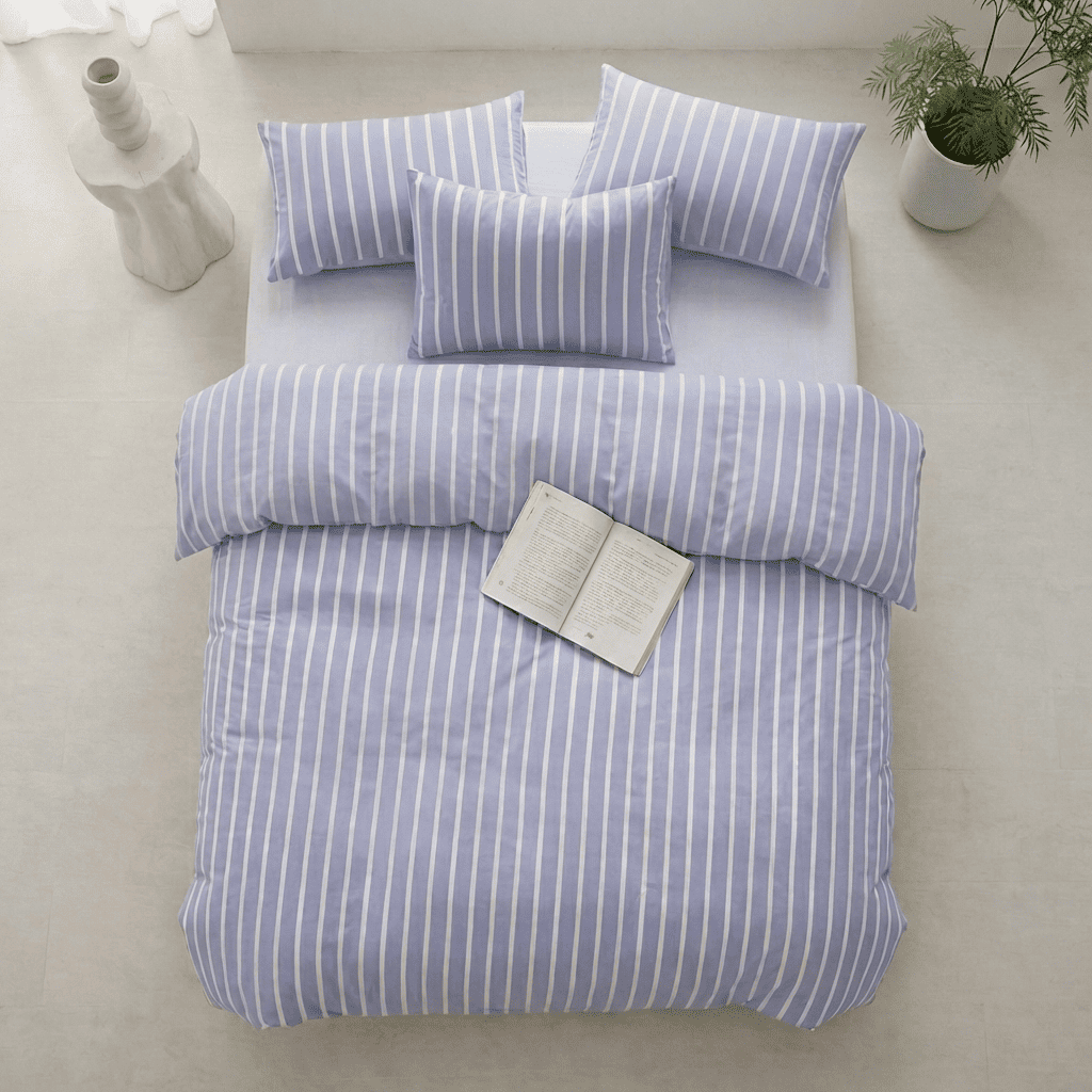 Soleil Stripe Set | Washed Cotton Duvet Cover - Soft Breathable Wide Stripe Bedding Set - Blue and White Stripes
