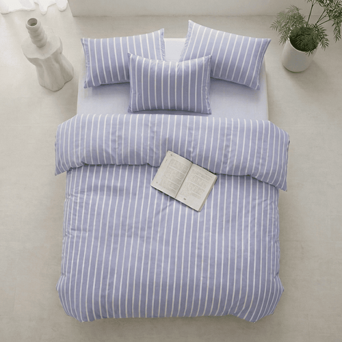Soleil Stripe Set | Washed Cotton Duvet Cover - Soft Breathable Wide Stripe Bedding Set - Blue and White Stripes