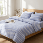 Soleil Stripe Set | Washed Cotton Duvet Cover - Soft Breathable Wide Stripe Bedding Set - Blue and White Stripes