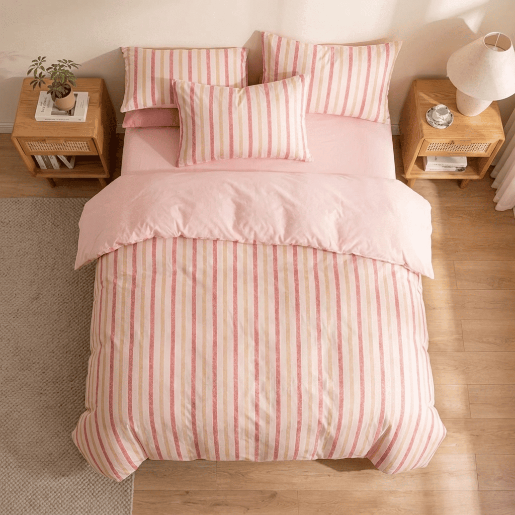 Soleil Stripe Set | Washed Cotton Duvet Cover - Soft Breathable Wide Stripe Bedding Set - Blush Pink and White Stripes