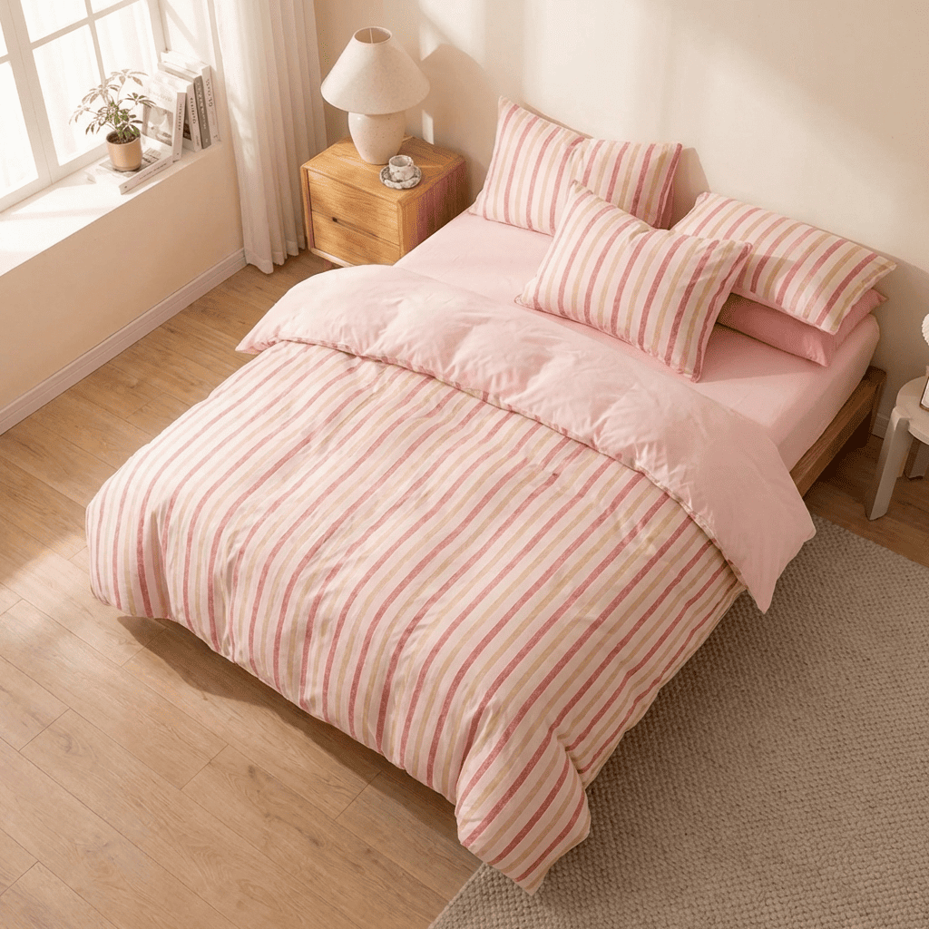 Soleil Stripe Set | Washed Cotton Duvet Cover - Soft Breathable Wide Stripe Bedding Set - Blush Pink and White Stripes