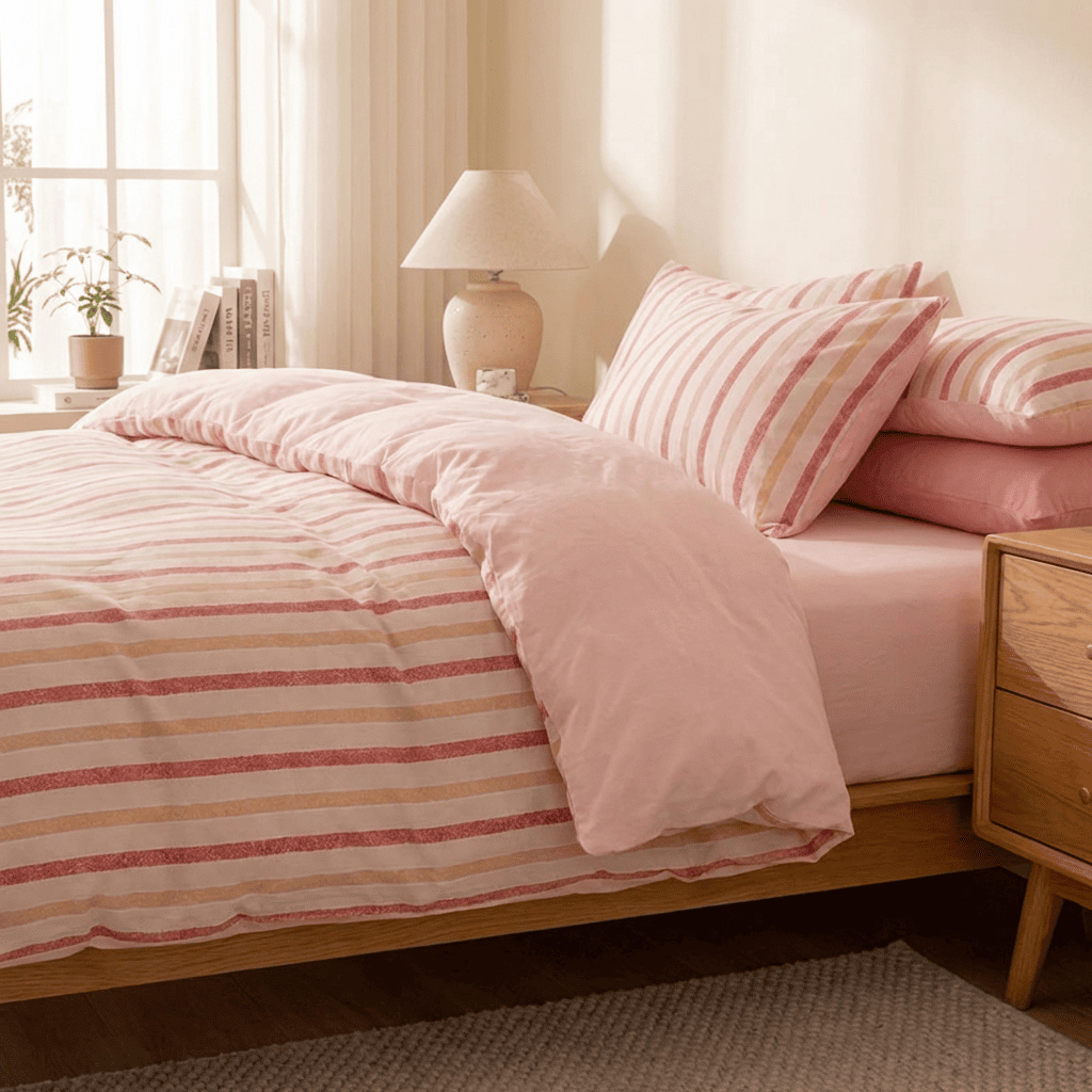 Soleil Stripe Set | Washed Cotton Duvet Cover - Soft Breathable Wide Stripe Bedding Set - Blush Pink and White Stripes