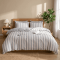 Soleil Stripe Set | Washed Cotton Duvet Cover - Soft Breathable Wide Stripe Bedding Set - Gray and White Stripes