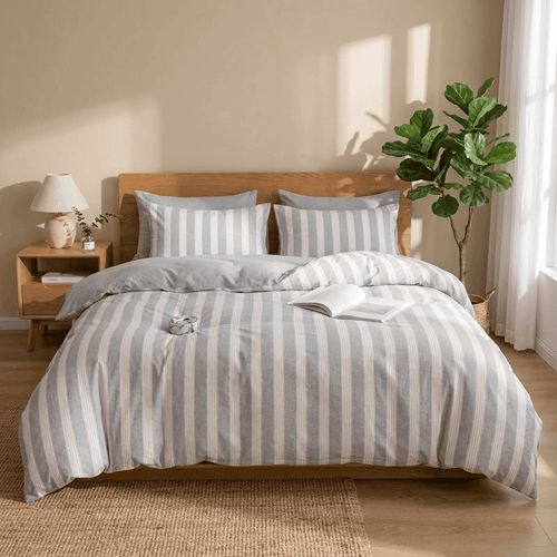 Soleil Stripe Set | Washed Cotton Duvet Cover - Soft Breathable Wide Stripe Bedding Set - Gray and White Stripes