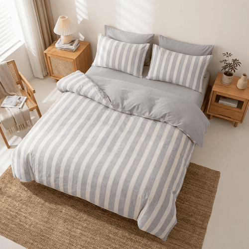 Soleil Stripe Set | Washed Cotton Duvet Cover - Soft Breathable Wide Stripe Bedding Set - Gray and White Stripes