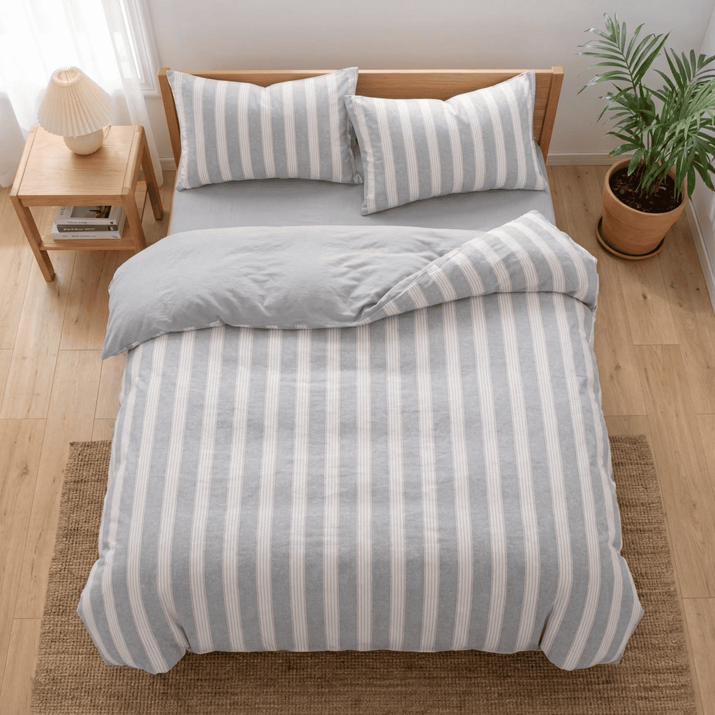 Soleil Stripe Set | Washed Cotton Duvet Cover - Soft Breathable Wide Stripe Bedding Set - Gray and White Stripes