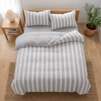 Soleil Stripe Set | Washed Cotton Duvet Cover - Soft Breathable Wide Stripe Bedding Set - Gray and White Stripes