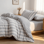 Soleil Stripe Set | Washed Cotton Duvet Cover - Soft Breathable Wide Stripe Bedding Set - Gray and White Stripes