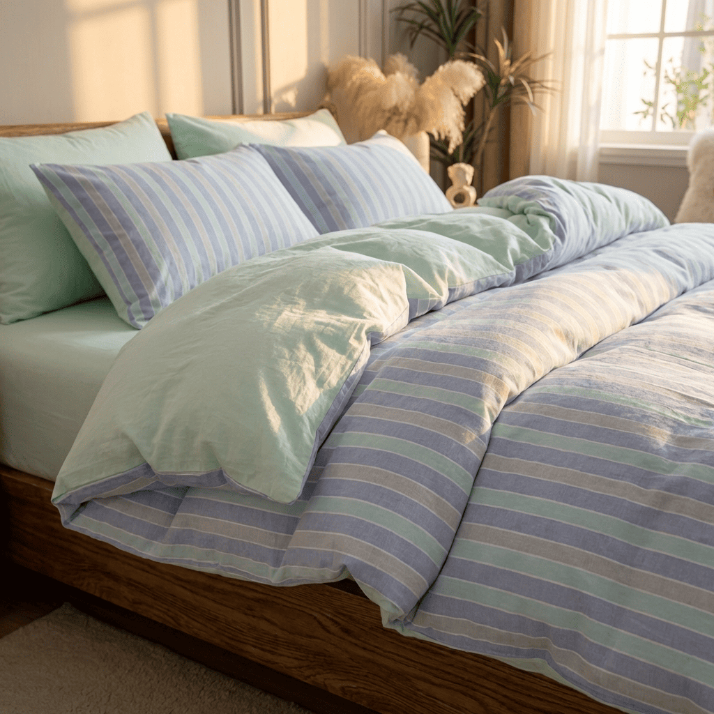 Soleil Stripe Set | Washed Cotton Duvet Cover - Soft Breathable Wide Stripe Bedding Set - Multicolor Stripes