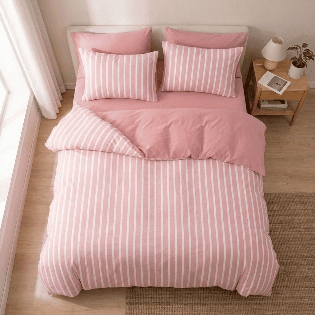 Soleil Stripe Set | Washed Cotton Duvet Cover - Soft Breathable Wide Stripe Bedding Set - Pink and White Stripes