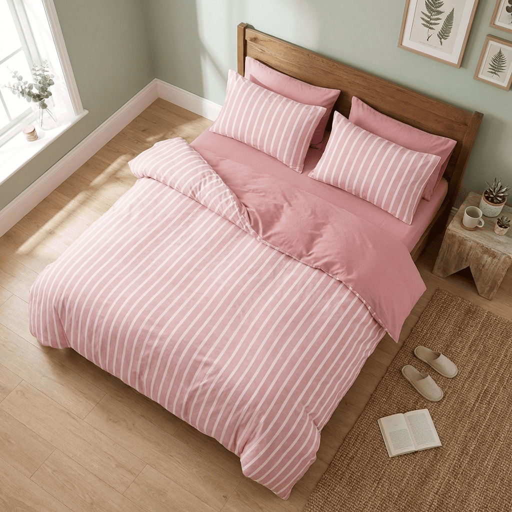Soleil Stripe Set | Washed Cotton Duvet Cover - Soft Breathable Wide Stripe Bedding Set - Pink and White Stripes
