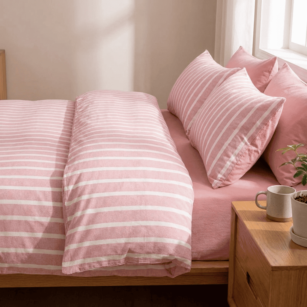 Soleil Stripe Set | Washed Cotton Duvet Cover - Soft Breathable Wide Stripe Bedding Set - Pink and White Stripes