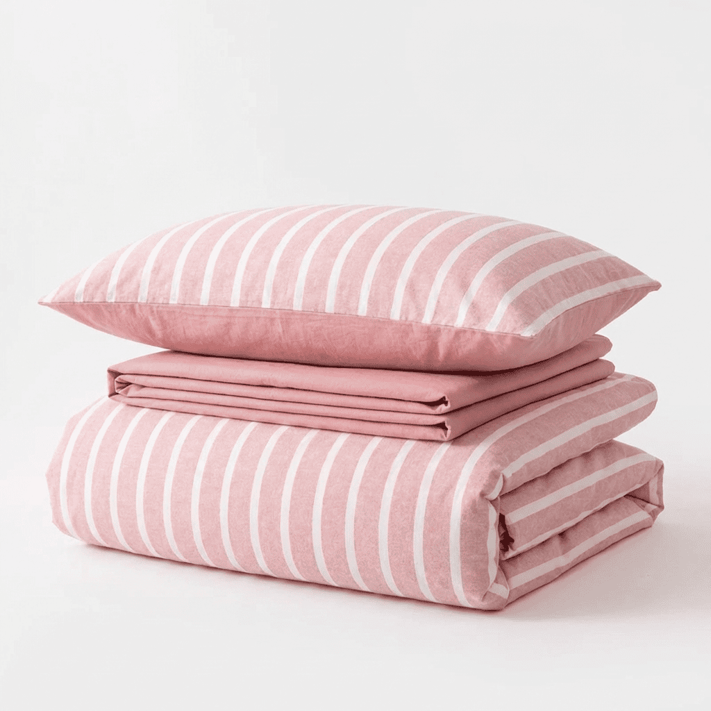 Soleil Stripe Set | Washed Cotton Duvet Cover - Soft Breathable Wide Stripe Bedding Set - Pink and White Stripes