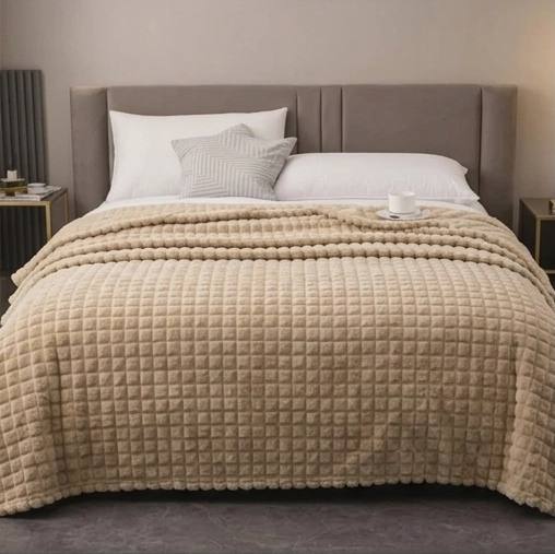 Velour Throw | Rabbit Fleece Throw Blanket - Double-Sided Plush Warm Throw, Luxury Layering Blanket - Beige Color