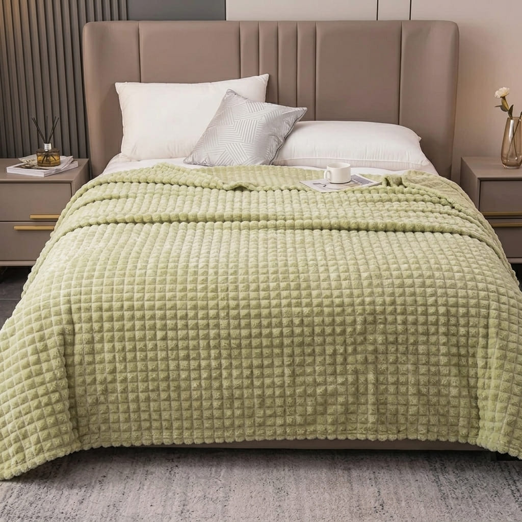 Velour Throw | Rabbit Fleece Throw Blanket - Double-Sided Plush Warm Throw, Luxury Layering Blanket - Muted Green Color