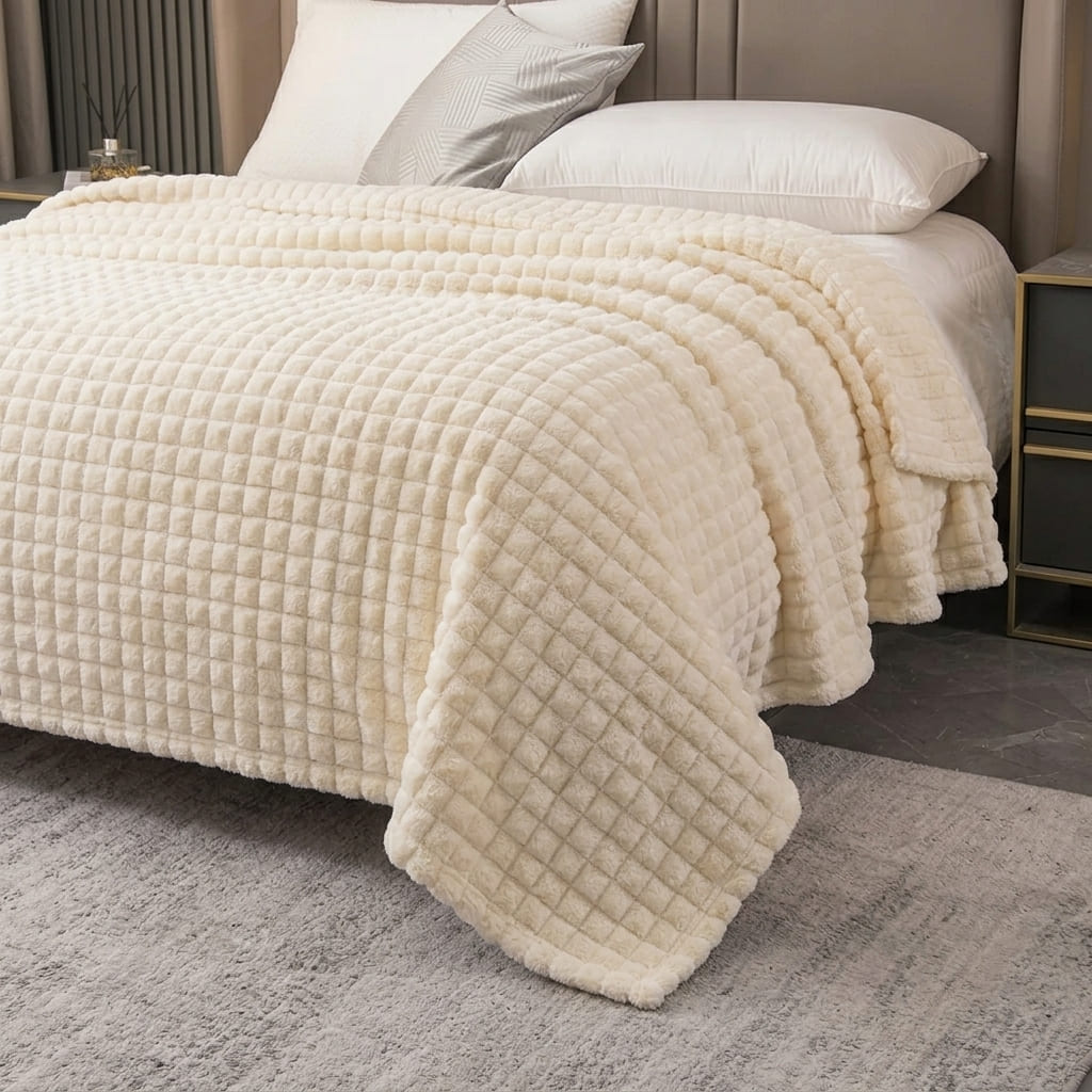 Velour Throw | Rabbit Fleece Throw Blanket - Double-Sided Plush Warm Throw, Luxury Layering Blanket - Off White Color