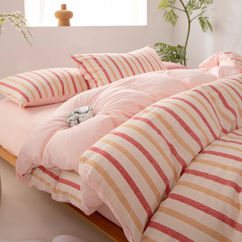 Wide Striped Washed Cotton Bedding Set - Soft Breathable Comfort Set
